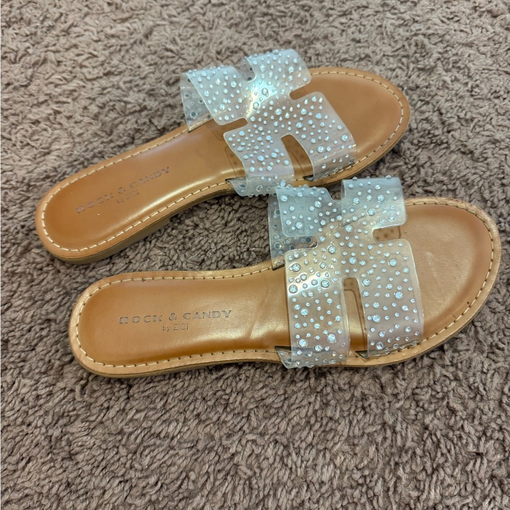 Rock & Candy Embellished Clear Strap Slide Sandal Translucent Size 7